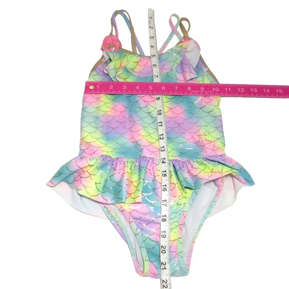 Betsey Johnson Girls Mermaid Swimsuit S 7/8 Rainbow Scale Ruffle Shells Pilling